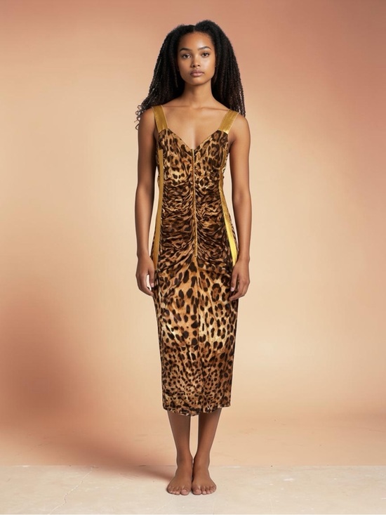 Dolce & Gabbana Dresses & Skirts - Vintage 2007 Dolce & Gabbana Gold Leather, Leopard-Print Midi Dress